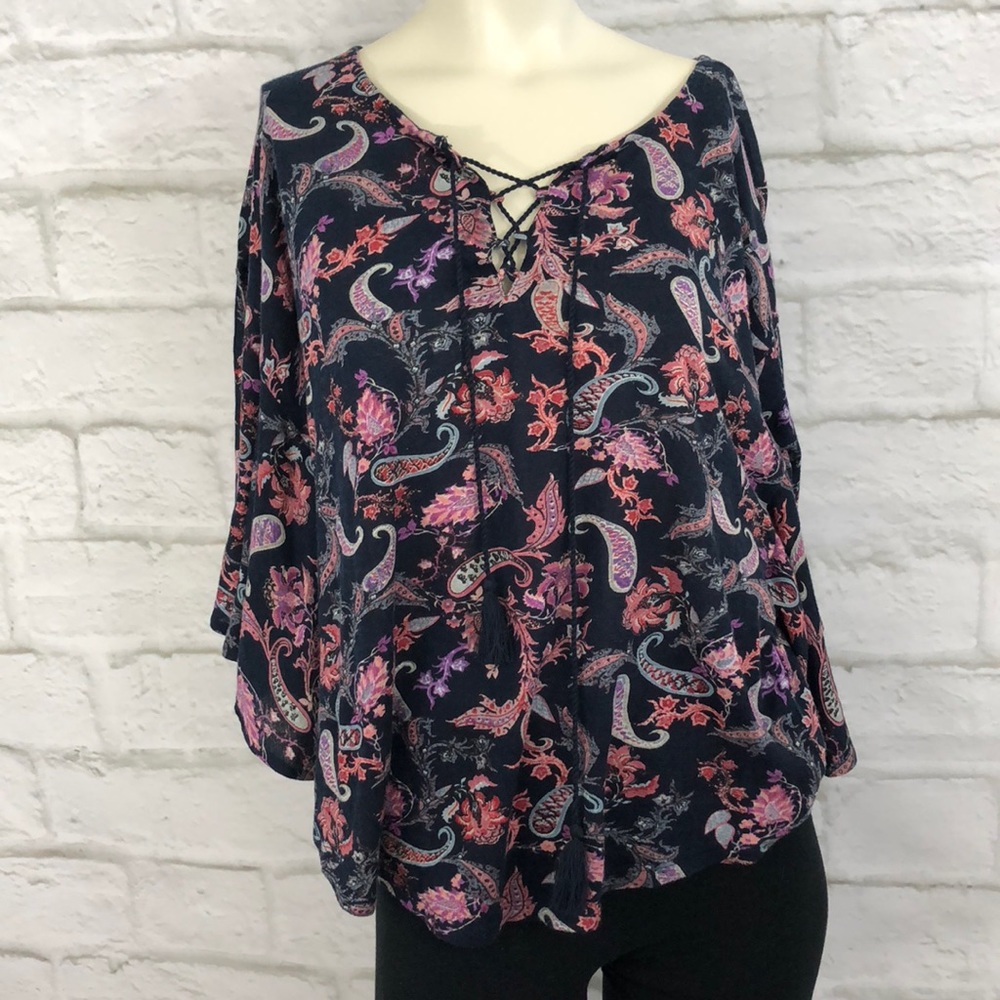 Lucky Brand NWT tassel Paisley Print Blouse L